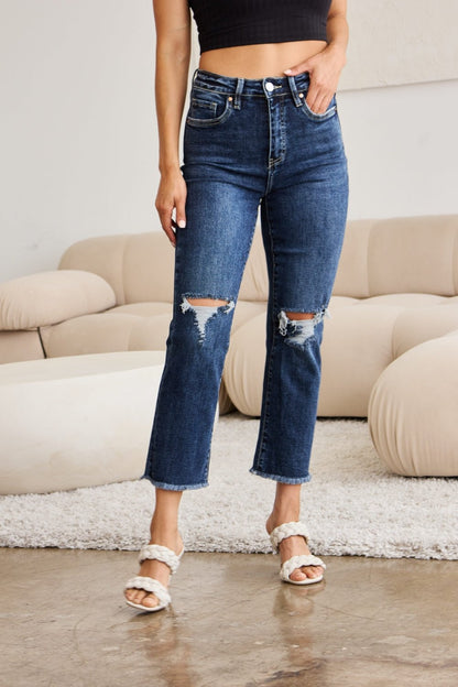 RFM Crop Dylan Full Size Tummy Control Distressed High Waist Raw Hem Jeans - Rochelle's House LLC