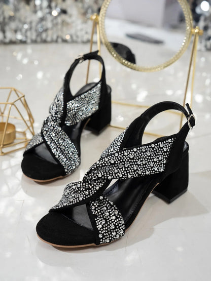 Front view of Rhinestone Block Heel Sandals in Black showing neckline and sleeve details (pu)
