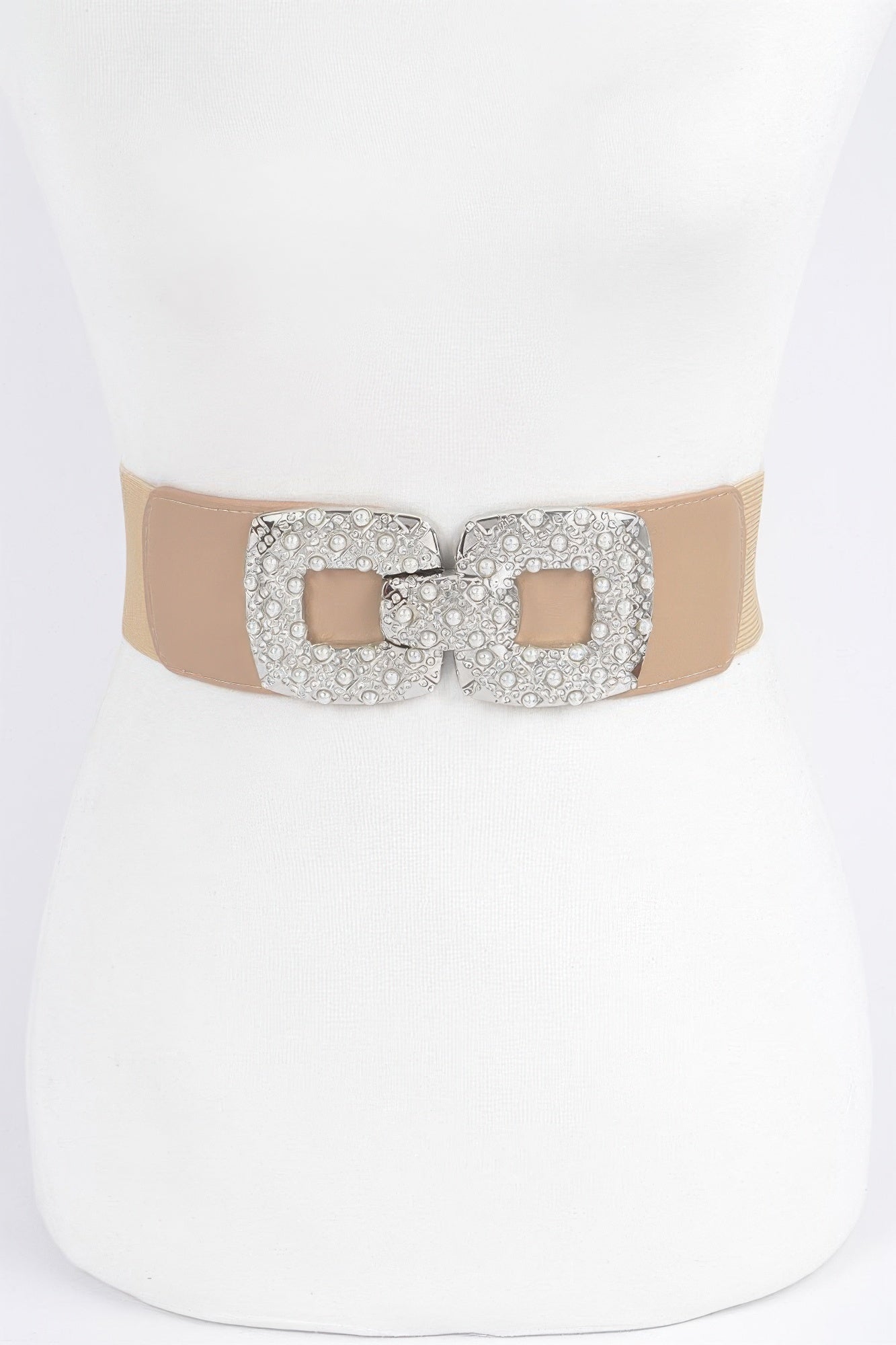 Front view of Rhinestone Pearl Buckles Elastic Belt showing neckline and sleeve details