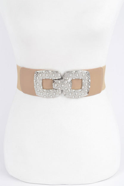 Front view of Rhinestone Pearl Buckles Elastic Belt showing neckline and sleeve details