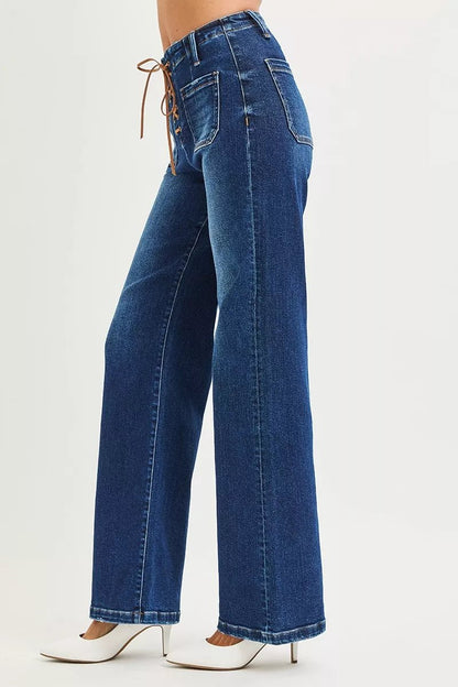 RISEN Full Size High Rise Wide Leg Jeans with Front Tie Detail Plus Size - Rochelle's House LLC