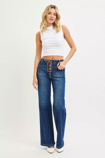 RISEN Full Size High Rise Wide Leg Jeans with Front Tie Detail Plus Size - Rochelle's House LLC