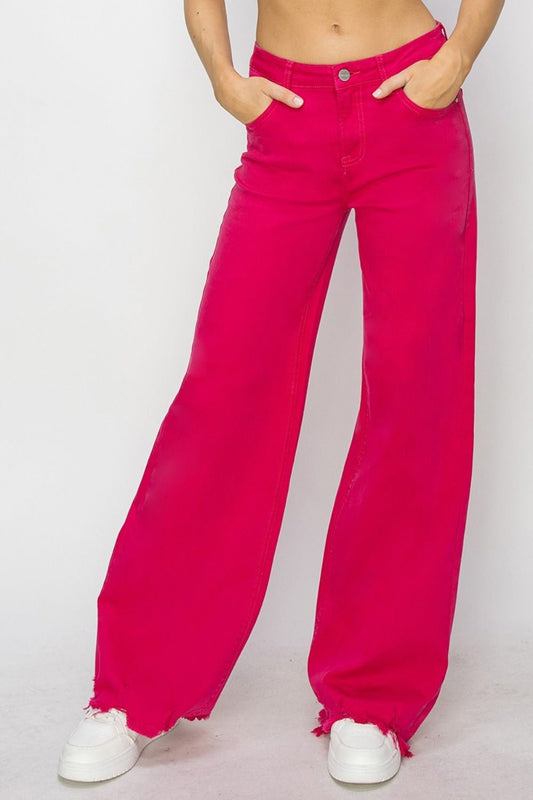 Front view of RISEN High Rise Wide Leg Jeans in Fuchsia showing neckline and sleeve details (98% cotton and)
