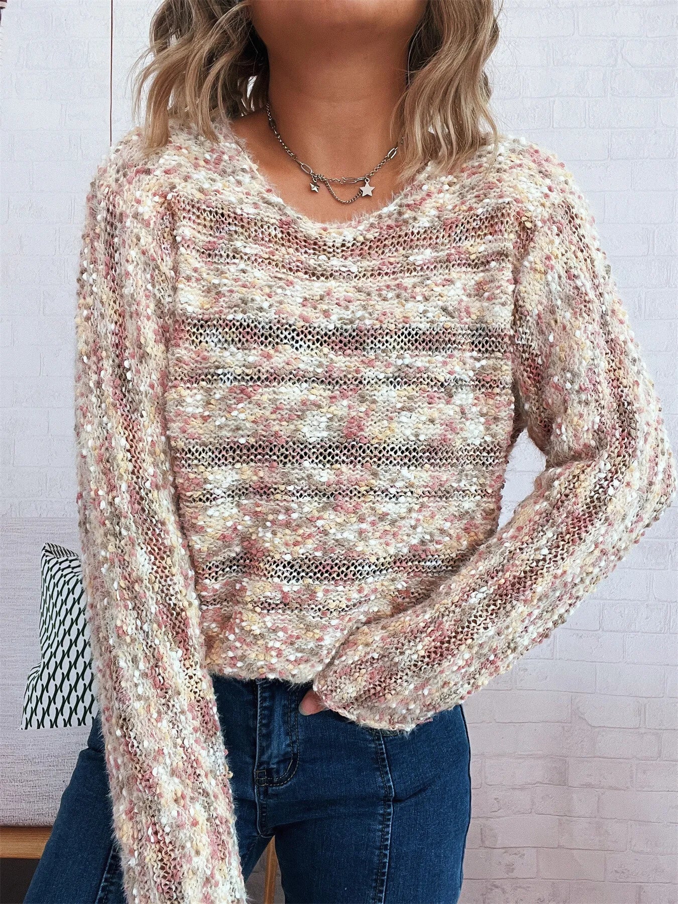 Front view of Round Neck Long Sleeve Sweater in Apricot showing neckline and sleeve details