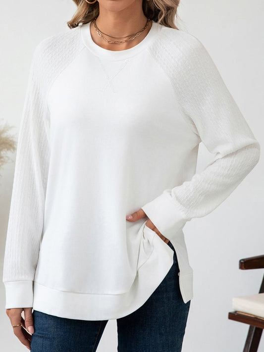 Front view of Round Neck Raglan Sleeve Top in White showing neckline and sleeve details