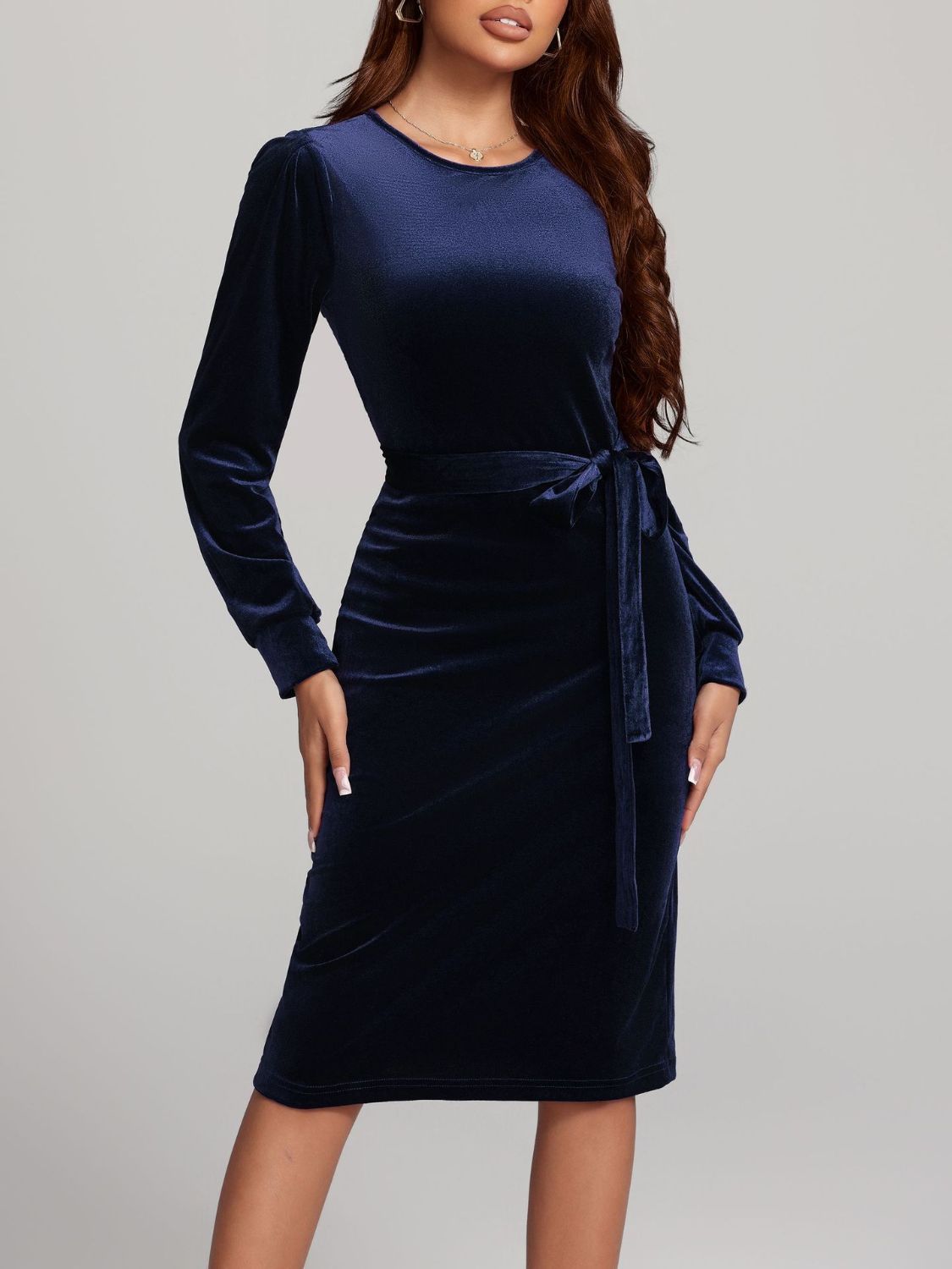Front view of Round Neck Tie Waist Long Sleeve Velvet Dress in Navy showing neckline and sleeve details