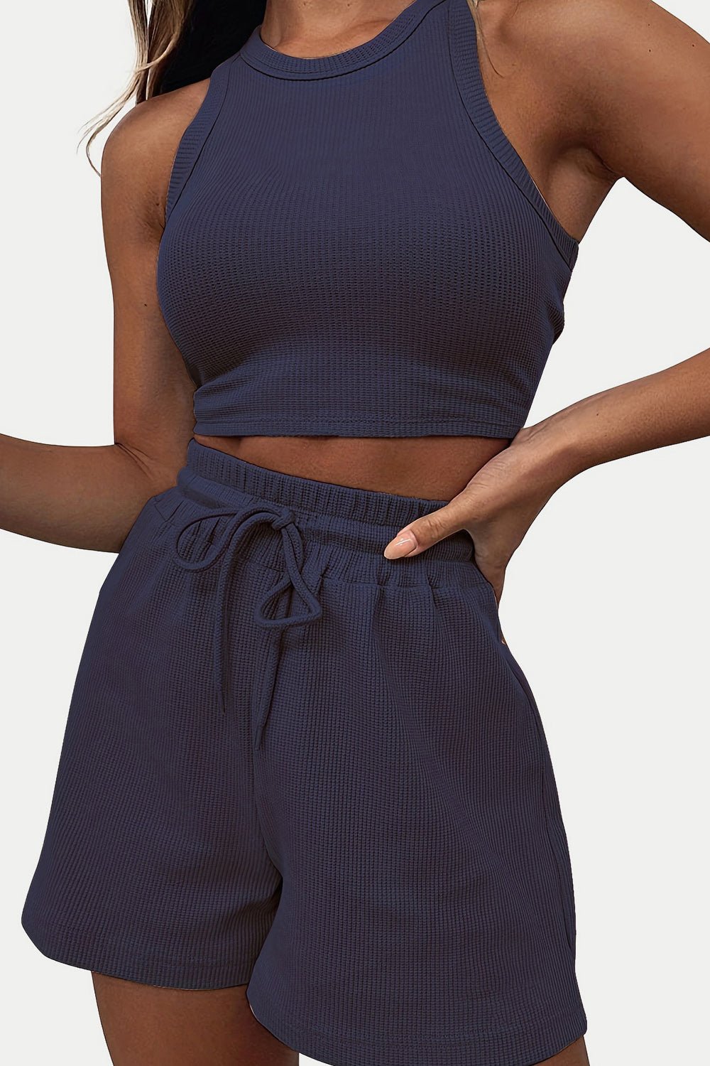 Round Neck Top and Drawstring Shorts Set - Rochelle's House LLC