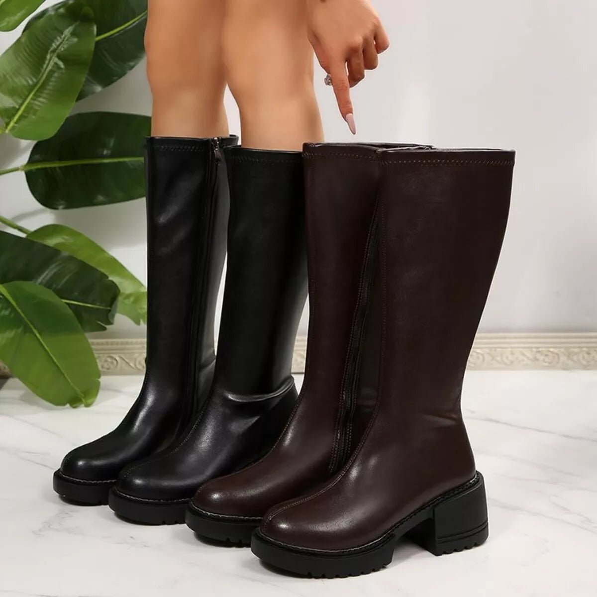 Front view of Round Toe Block Heels Boots in Dark Brown showing neckline and sleeve details (pu)