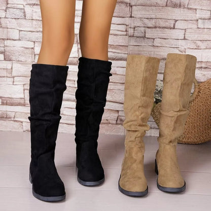 Front view of Round Toe Block Heels Boots in Black showing neckline and sleeve details (pu)