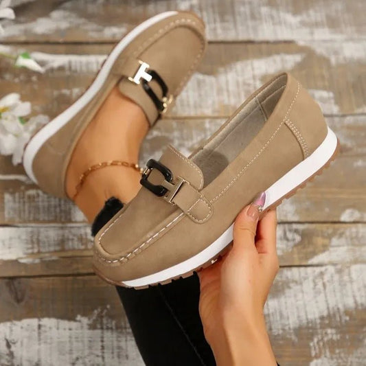 Front view of Round Toe Buckle Detail Slip-Ons in Khaki showing neckline and sleeve details (pu)