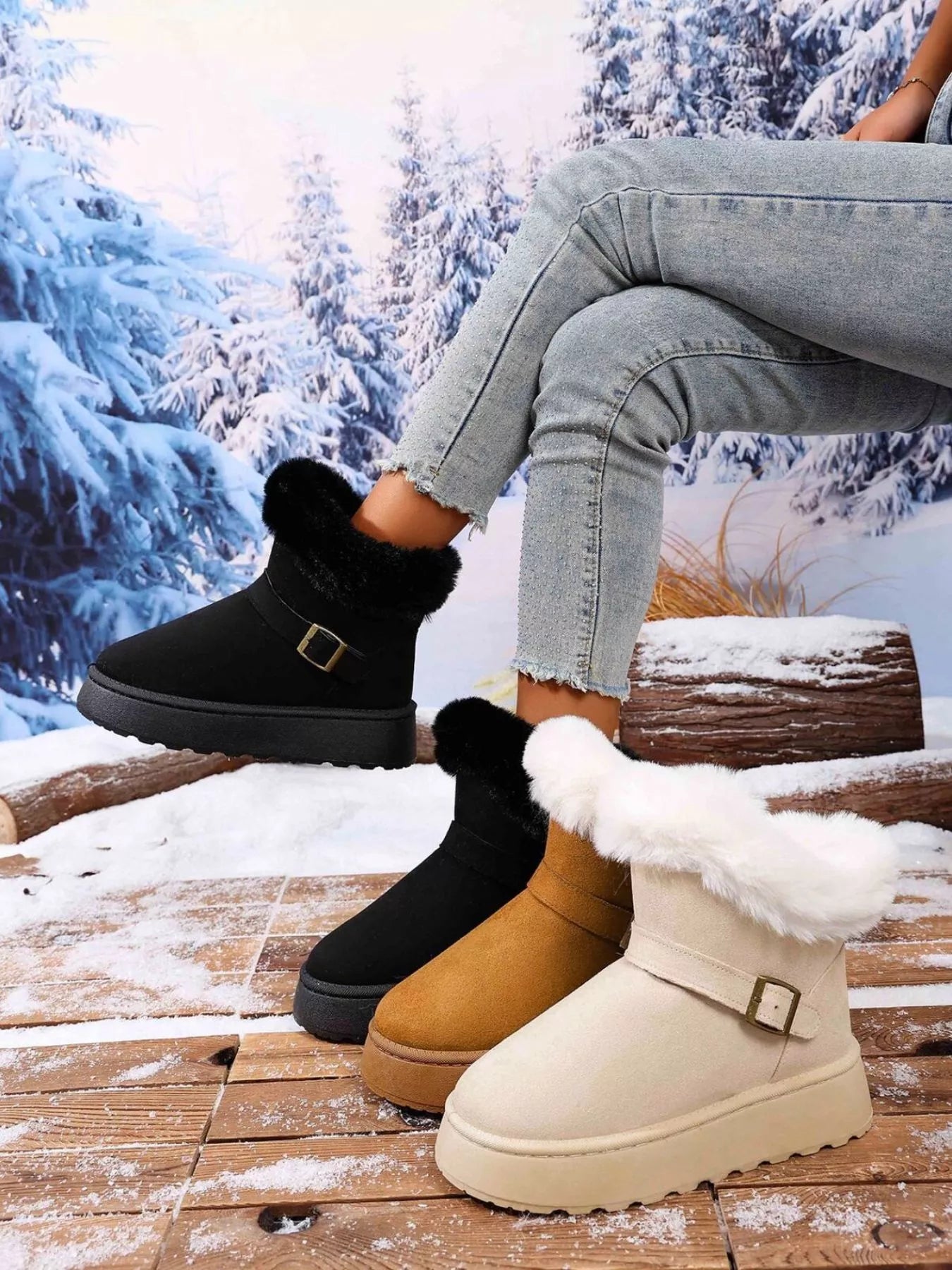 Front view of Round Toe Platform Boots in Black showing neckline and sleeve details (pu)