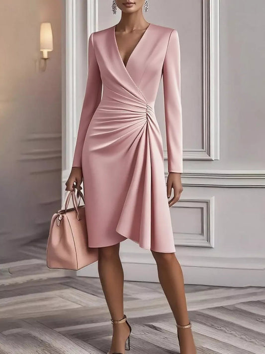 Front view of Ruched Surplice Long Sleeve Dress in Pink showing neckline and sleeve details