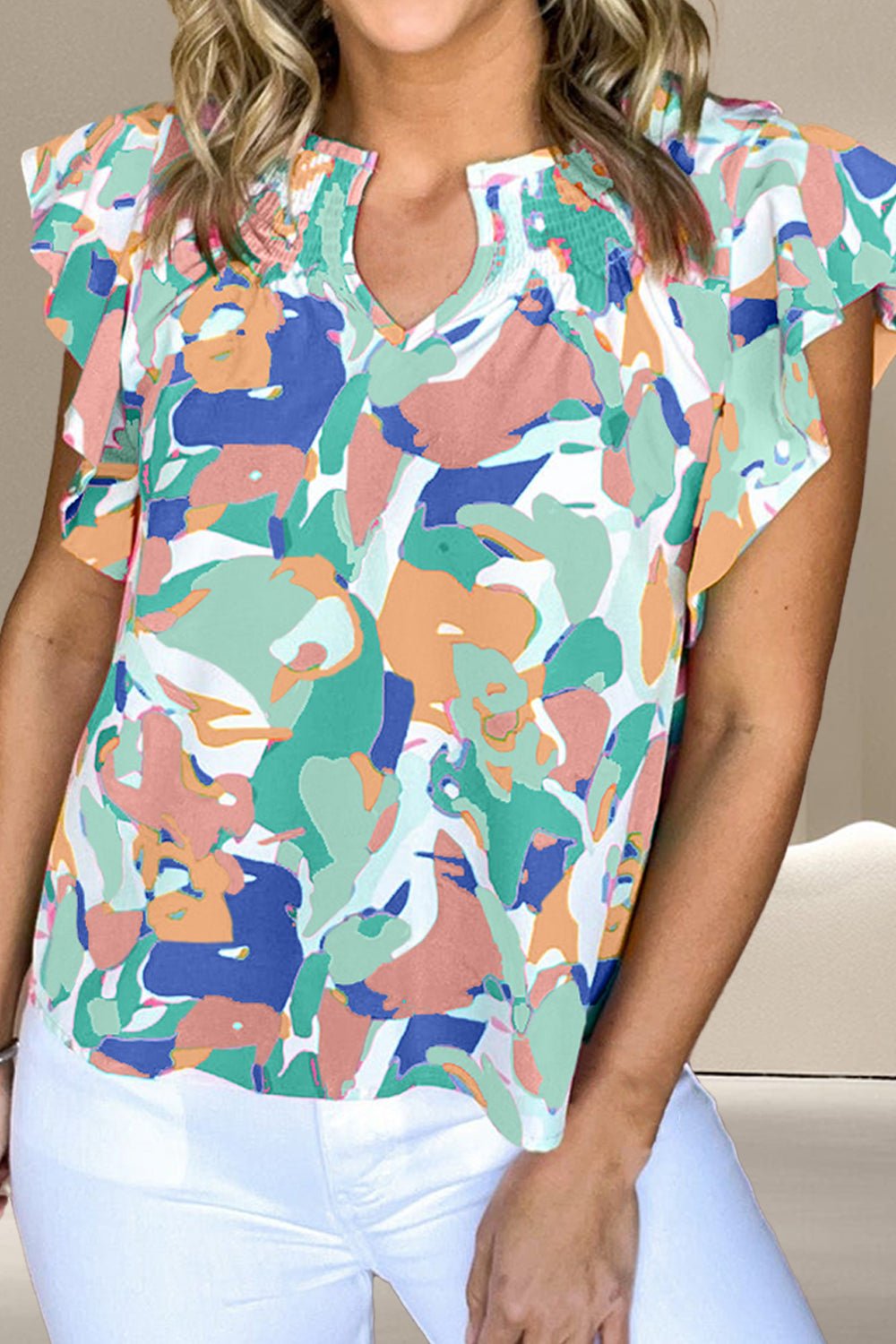 Ruffled Printed Notched Cap Sleeve Blouse - Rochelle's House LLC