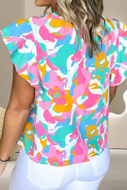 Ruffled Printed Notched Cap Sleeve Blouse - Rochelle's House LLC