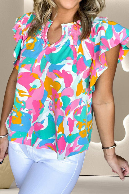 Ruffled Printed Notched Cap Sleeve Blouse - Rochelle's House LLC