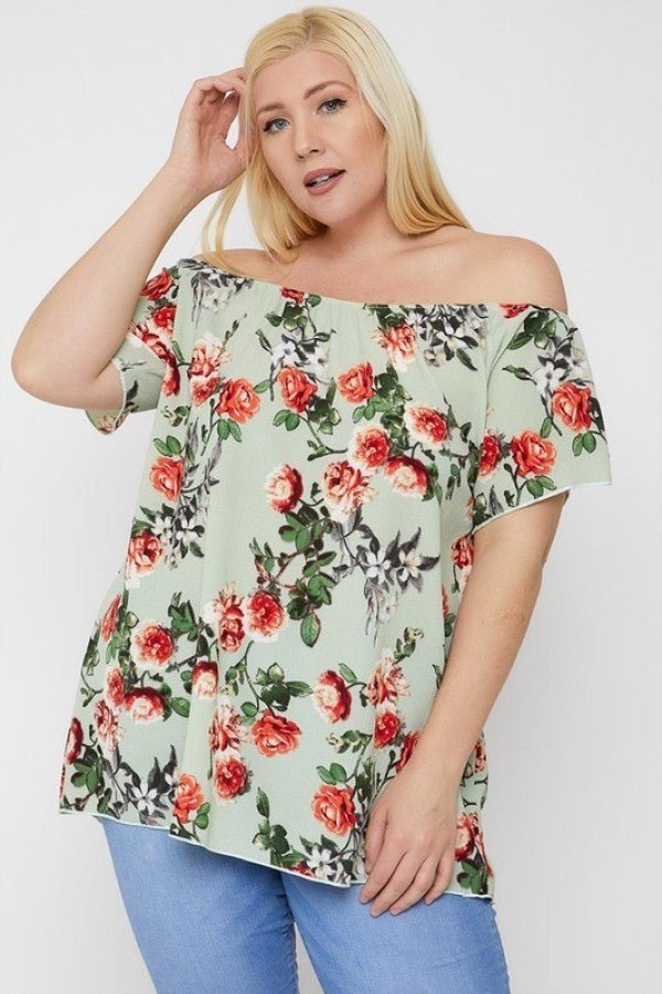 Sage Green Floral Print Off The Shoulder Top - Rochelle's House LLC