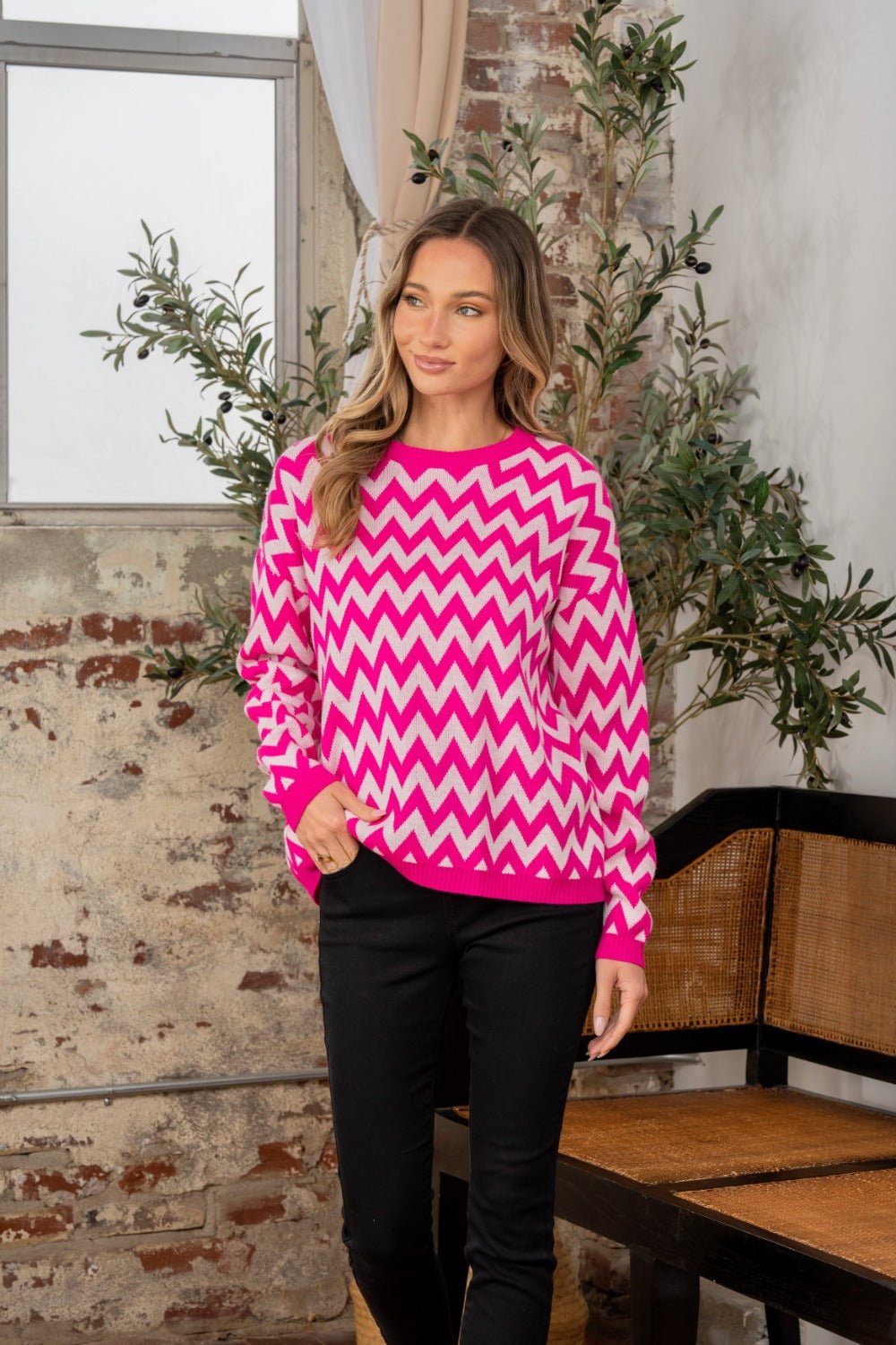 Front view of Sew In Love Full Size Wave Stripe Contrast Long Sleeve Sweater in Fuchsia/ Ivory showing neckline and sleeve de