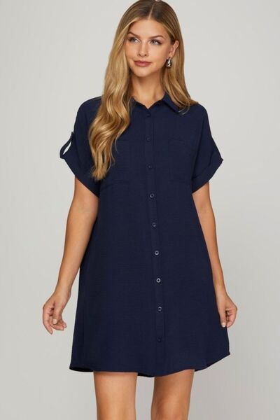 Front view of She + Sky Full Size Button Down Short Sleeve Woven Shirt Dress Plus Size in Dark Navy showing neckline and slee