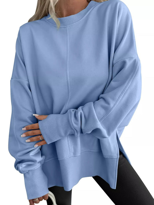 Side Slit Round Neck Long Sleeve Sweatshirt - Rochelle's House LLC