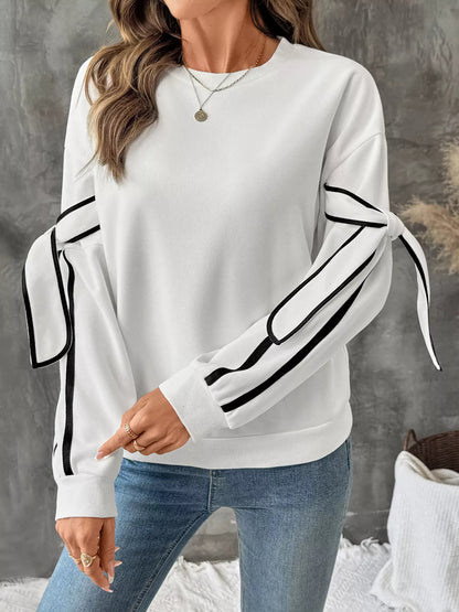 Front view of Side Striped Round Neck Sweatshirt in White showing neckline and sleeve details