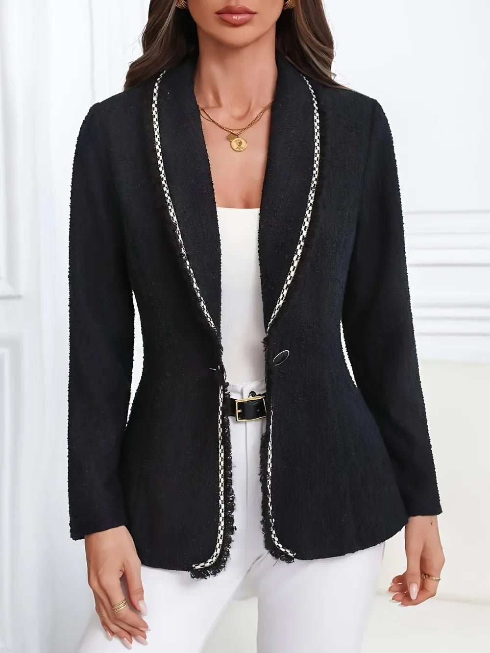 Front view of Single-Breasted Lapel Collar Blazer in Black showing neckline and sleeve details
