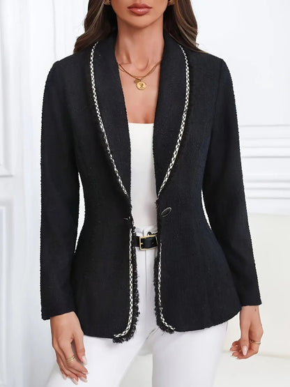 Front view of Single-Breasted Lapel Collar Blazer in Black showing neckline and sleeve details