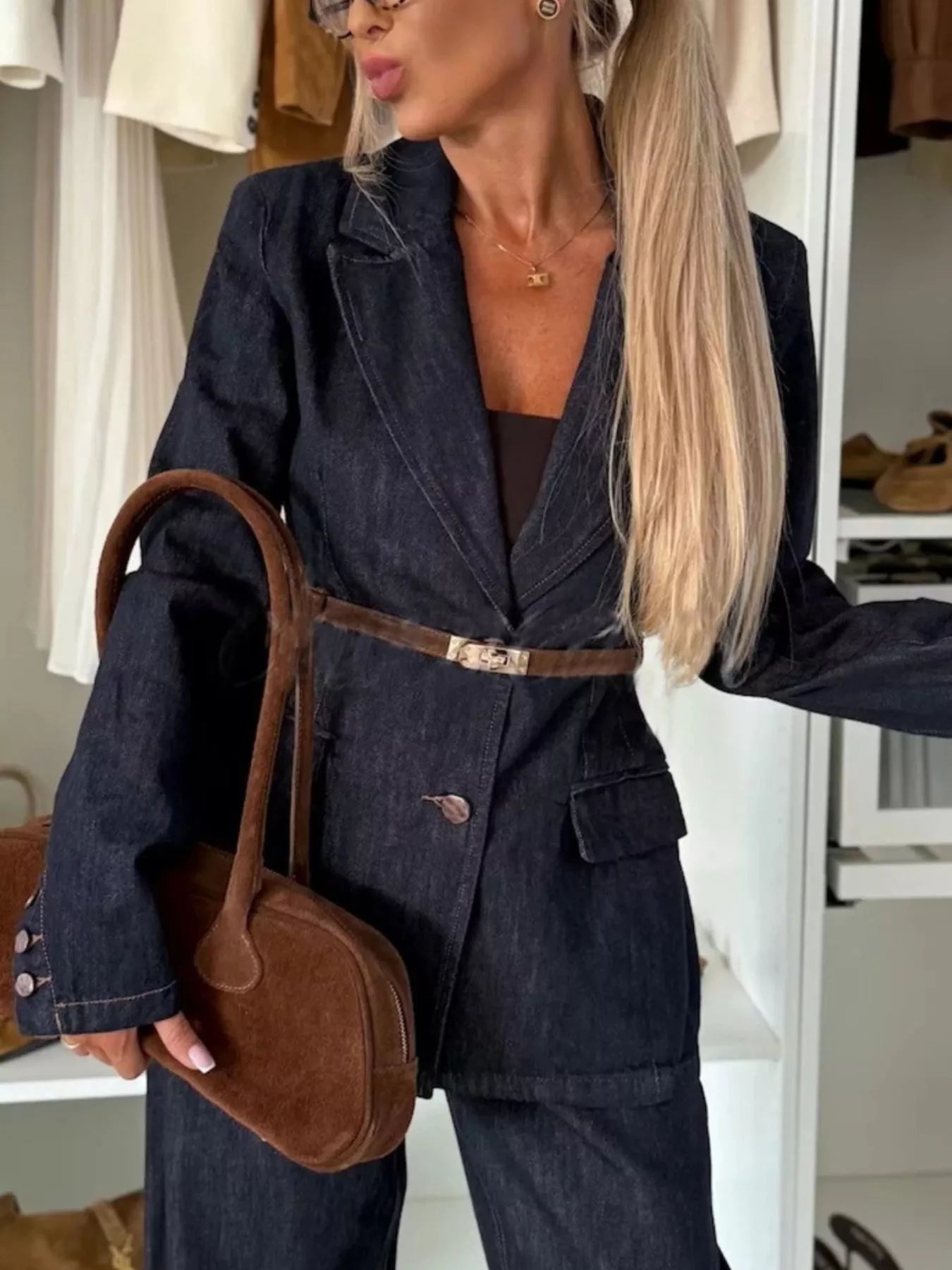 Single - Breasted Washed Denim Blazer - Rochelle's House LLC
