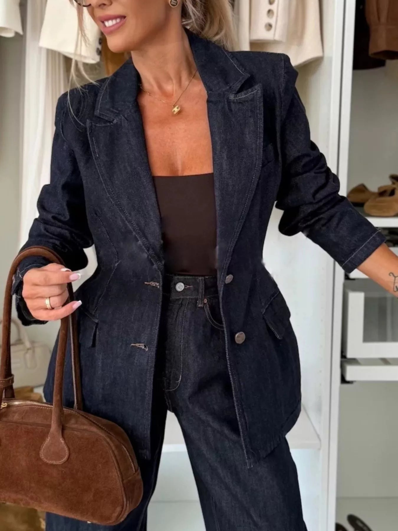 Single - Breasted Washed Denim Blazer - Rochelle's House LLC