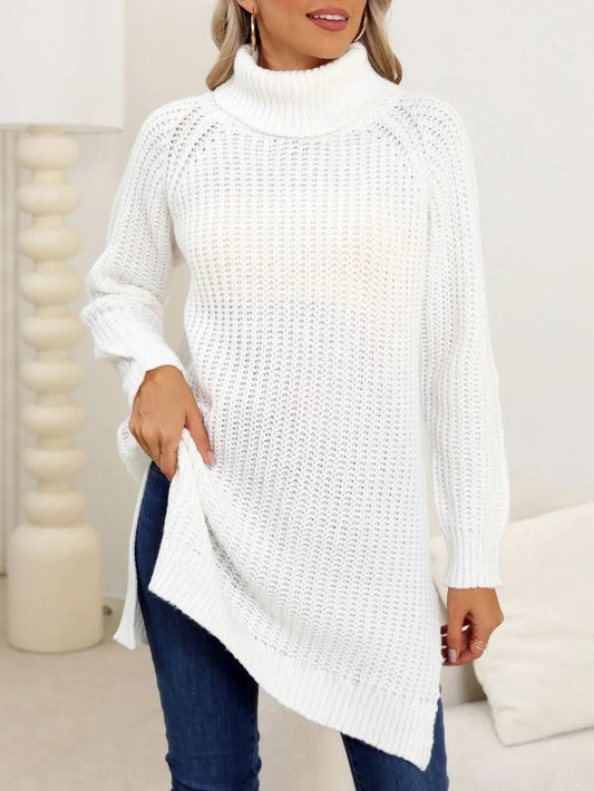 Front view of Slit Turtleneck Long Sleeve Sweater in White showing neckline and sleeve details (100% polyester)