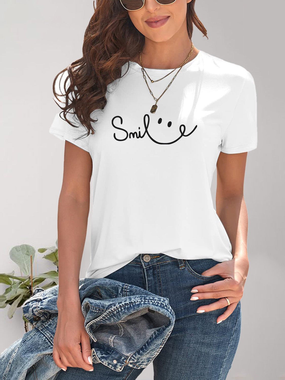 Front view of SMILE Round Neck Short Sleeve T-Shirt in Matcha Green showing neckline and sleeve details