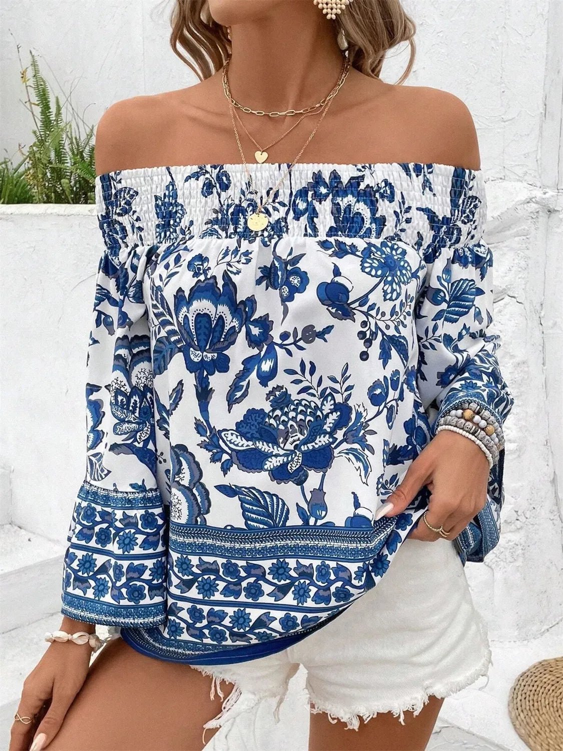 Smocked Printed Off - Shoulder Blouse - Rochelle's House LLC
