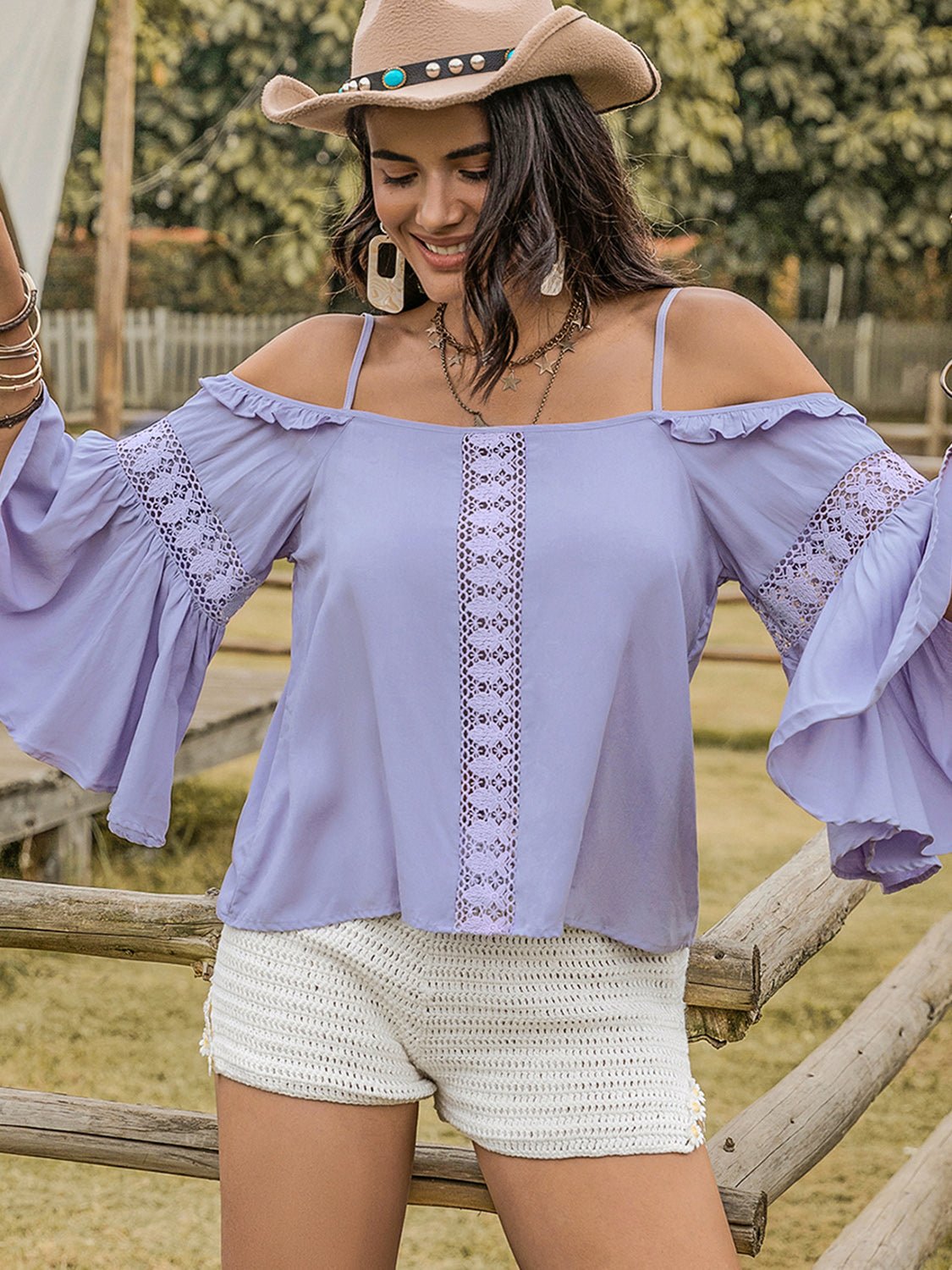 Square Neck Flare Sleeve Blouse - Rochelle's House LLC