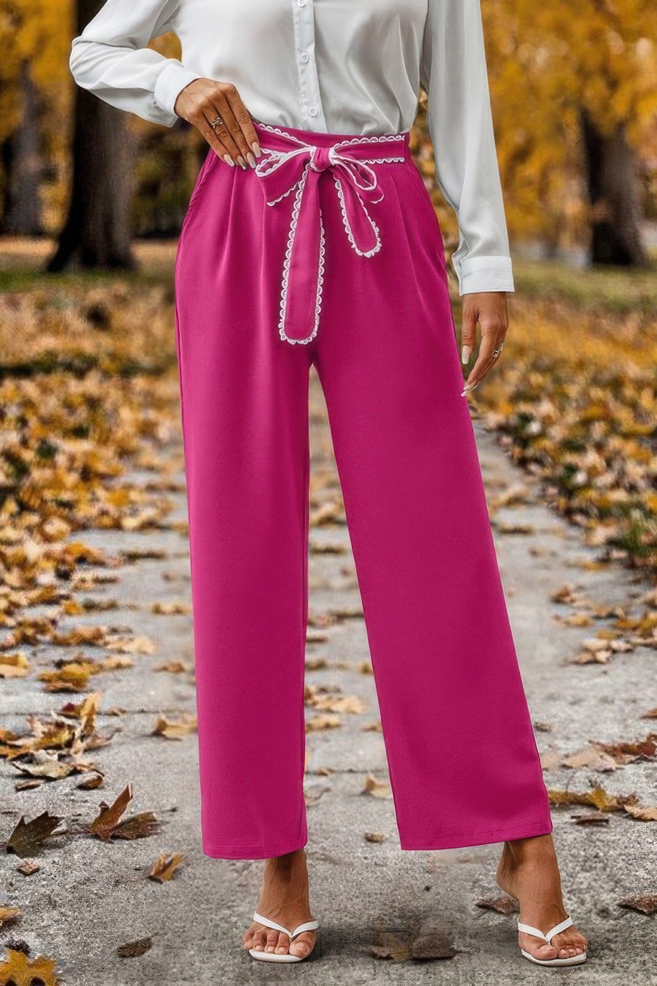 Front view of Straight Leg Elastic High Waist Lace Tie Trim Pant showing neckline and sleeve details (100% Polyester)