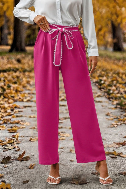 Front view of Straight Leg Elastic High Waist Lace Tie Trim Pant showing neckline and sleeve details (100% Polyester)