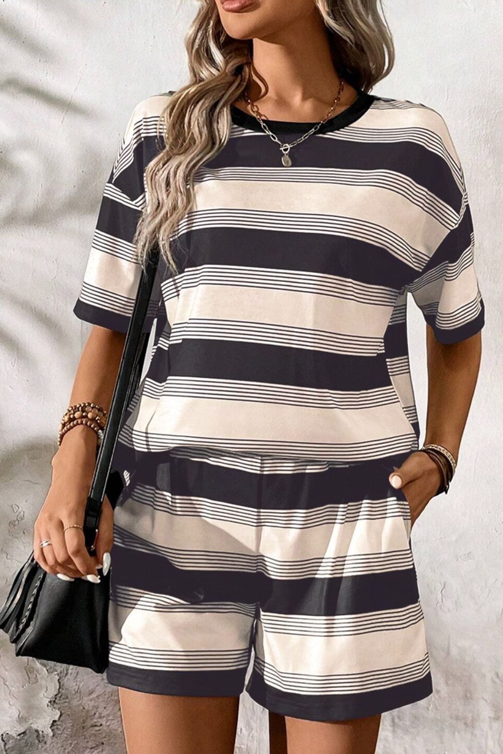 Front view of Stripe Half Sleeve T-Shirt and High Waist Pocketed Shorts Set in Stripe showing neckline and sleeve details