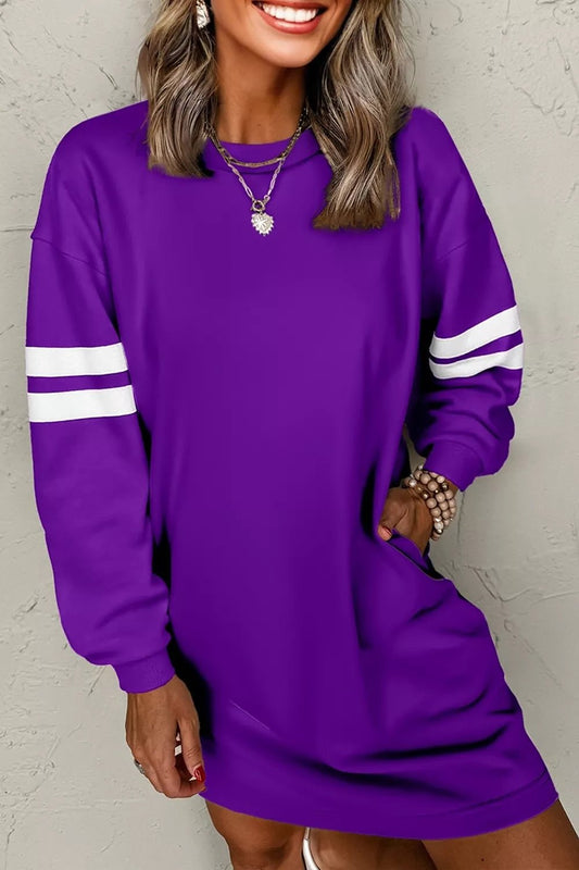 Front view of Stripe Long Sleeve Casual Sweatshirt Dress in Violet showing neckline and sleeve details
