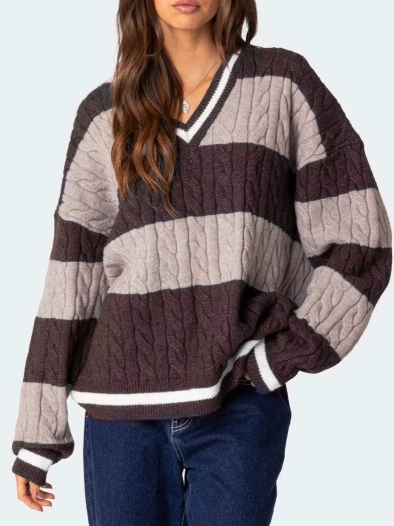 Front view of Striped Cable Knit V-Neck Sweater in Brown showing neckline and sleeve details