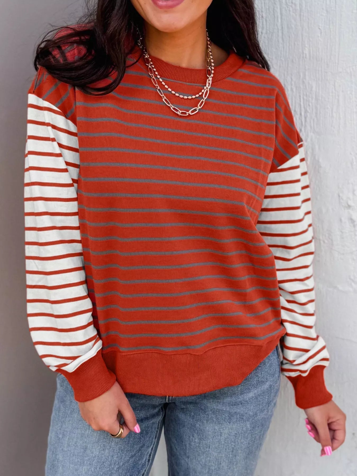 Striped Color Block Long Sleeve Sweatshirt - Rochelle's House LLC