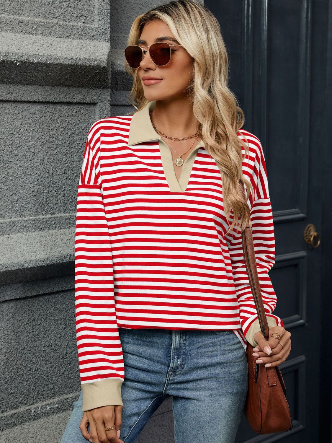 Front view of Striped Johnny Collar Long Sleeve Sweatshirt in Red/White showing neckline and sleeve details