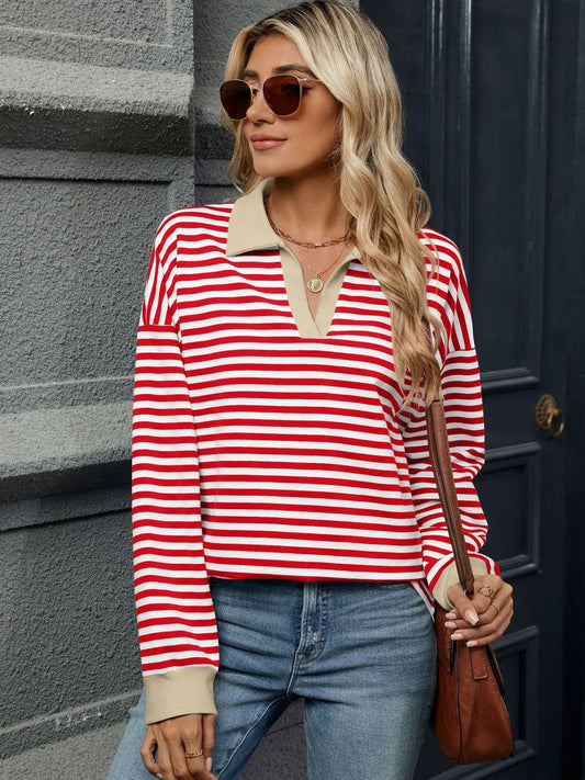 Front view of Striped Johnny Collar Long Sleeve Sweatshirt in Red/White showing neckline and sleeve details
