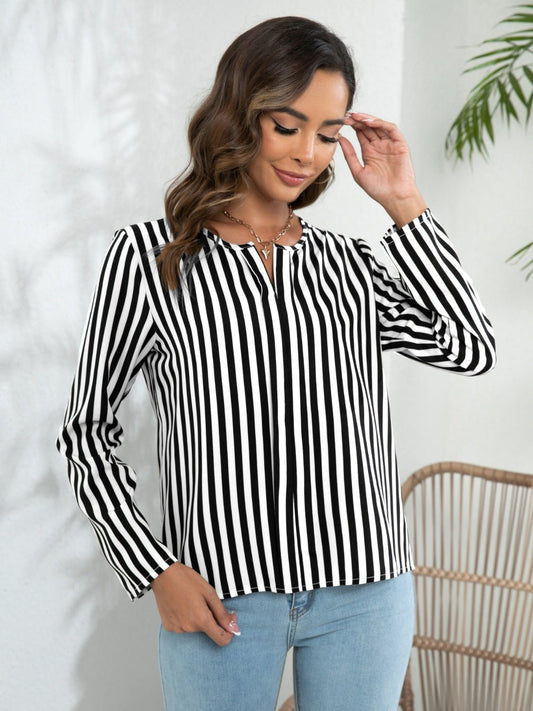 Front view of Striped Long Sleeve Notched Blouse in White showing neckline and sleeve details