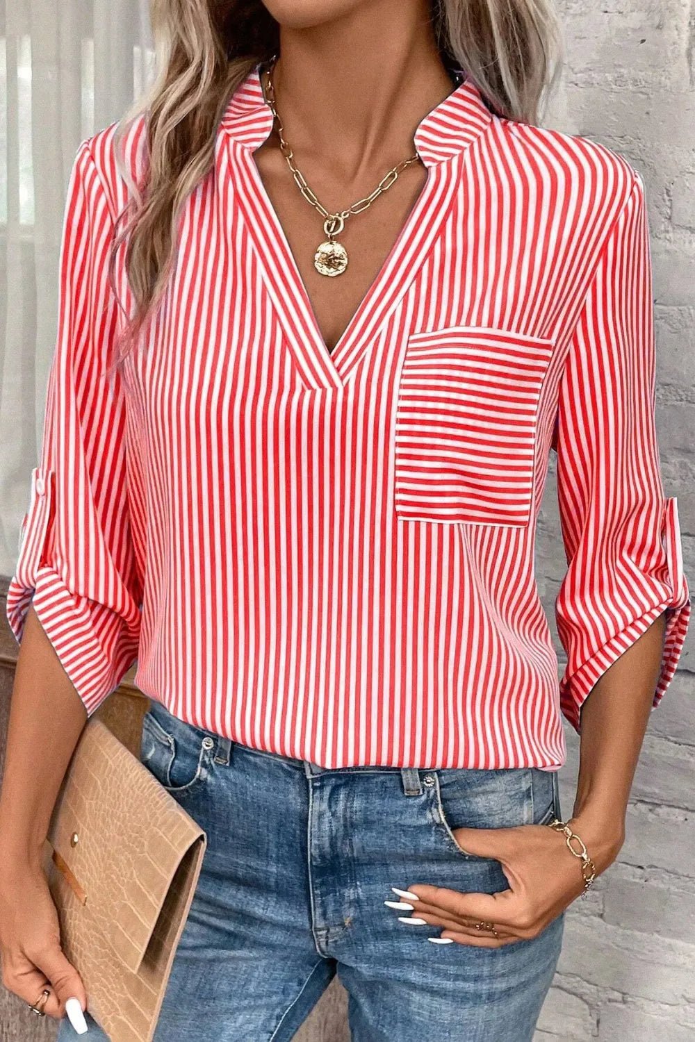 Front view of Striped Notched Roll-Tab Sleeve Shirt in Red showing neckline and sleeve details (100% opaque polyester)