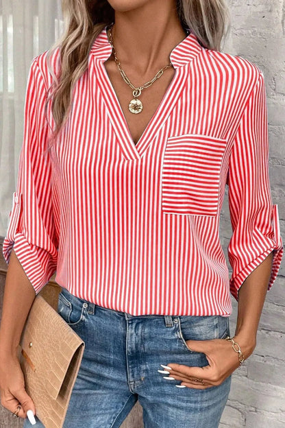 Front view of Striped Notched Roll-Tab Sleeve Shirt in Red showing neckline and sleeve details (100% opaque polyester)