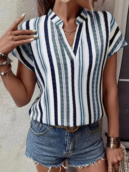 Front view of Striped Notched Short Sleeve Shirt in Air Force Blue showing neckline and sleeve details (95% polyester and)