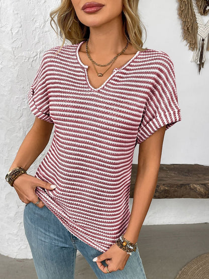 Front view of Striped Notched Short Sleeve T-Shirt in Sky Blue showing neckline and sleeve details