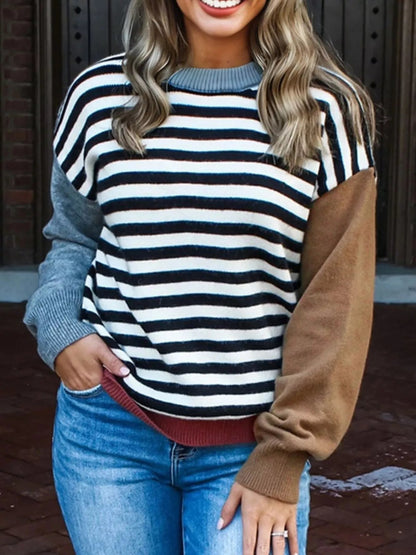 Striped Panels Colorblock Sleeve Sweater - Rochelle's House LLC