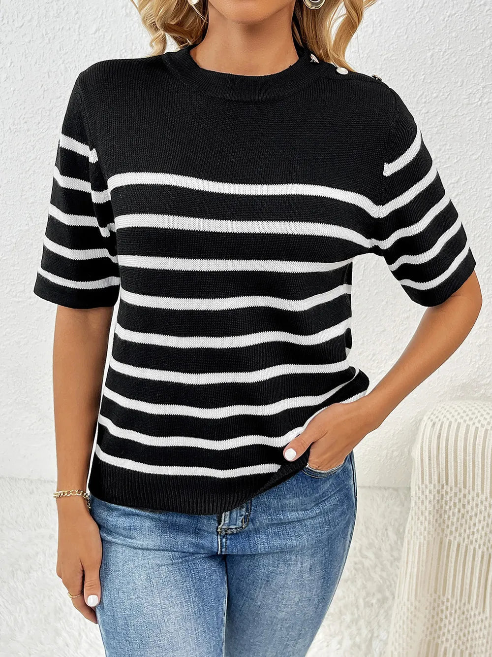 Front view of Striped Round Neck Half Sleeve Knit Top in Black showing neckline and sleeve details (100% polyester)