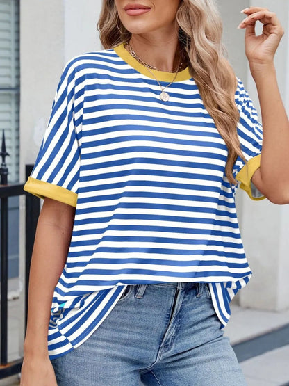 Front view of Striped Round Neck Half Sleeve T-Shirt in Blue White showing neckline and sleeve details