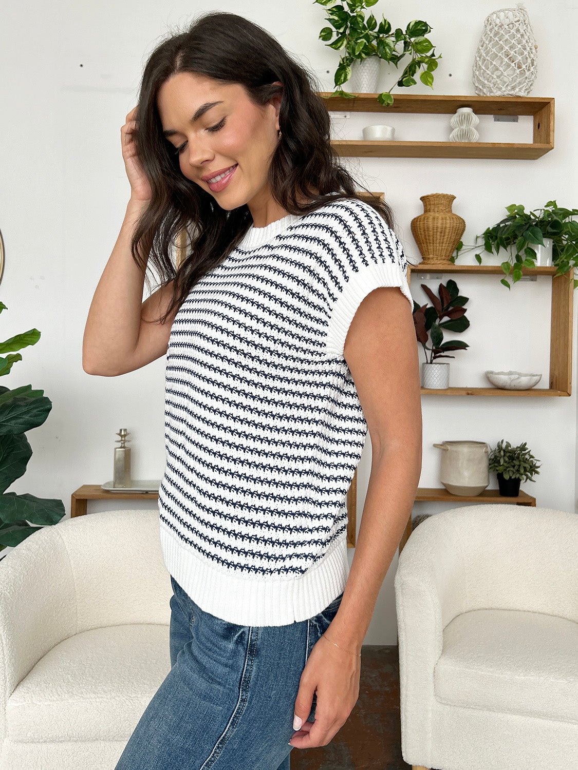 Striped Round Neck Sweater Vest - Rochelle's House LLC