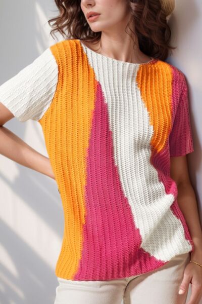 Front view of Textured Color Block Short Sleeve Sweater in Tangerine showing neckline and sleeve details (100% Cotton)